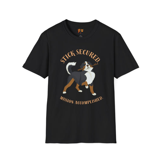 Stick Secured Dog T-Shirt — "Mission Accomplished" Graphic Tee
