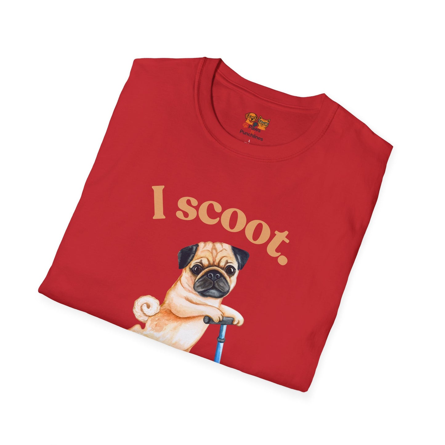 Pug on Scooter T-Shirt – "I scoot. You salute." Cute Pug Graphic Tee