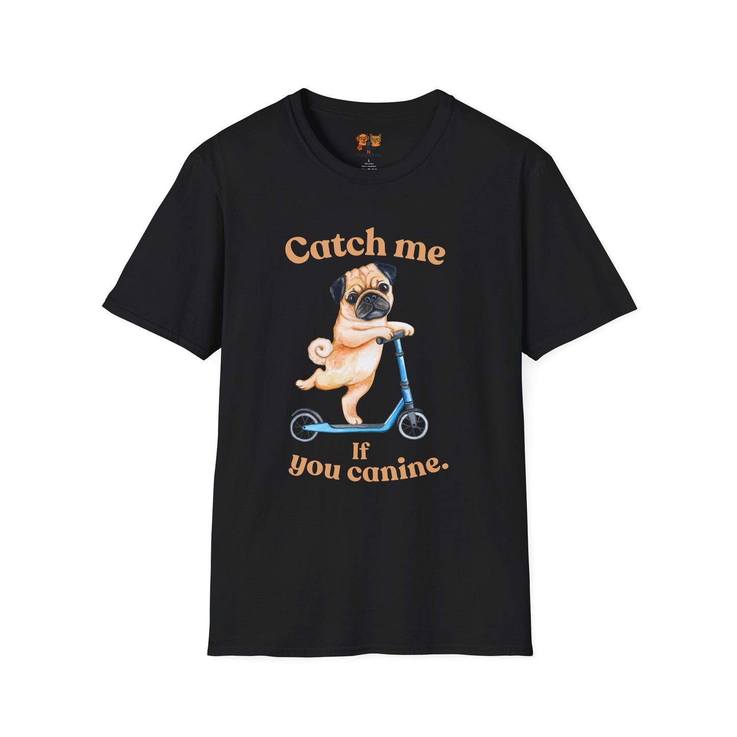 Pug on Scooter T-Shirt — "Catch Me If You Canine" Cute Dog Graphic Tee