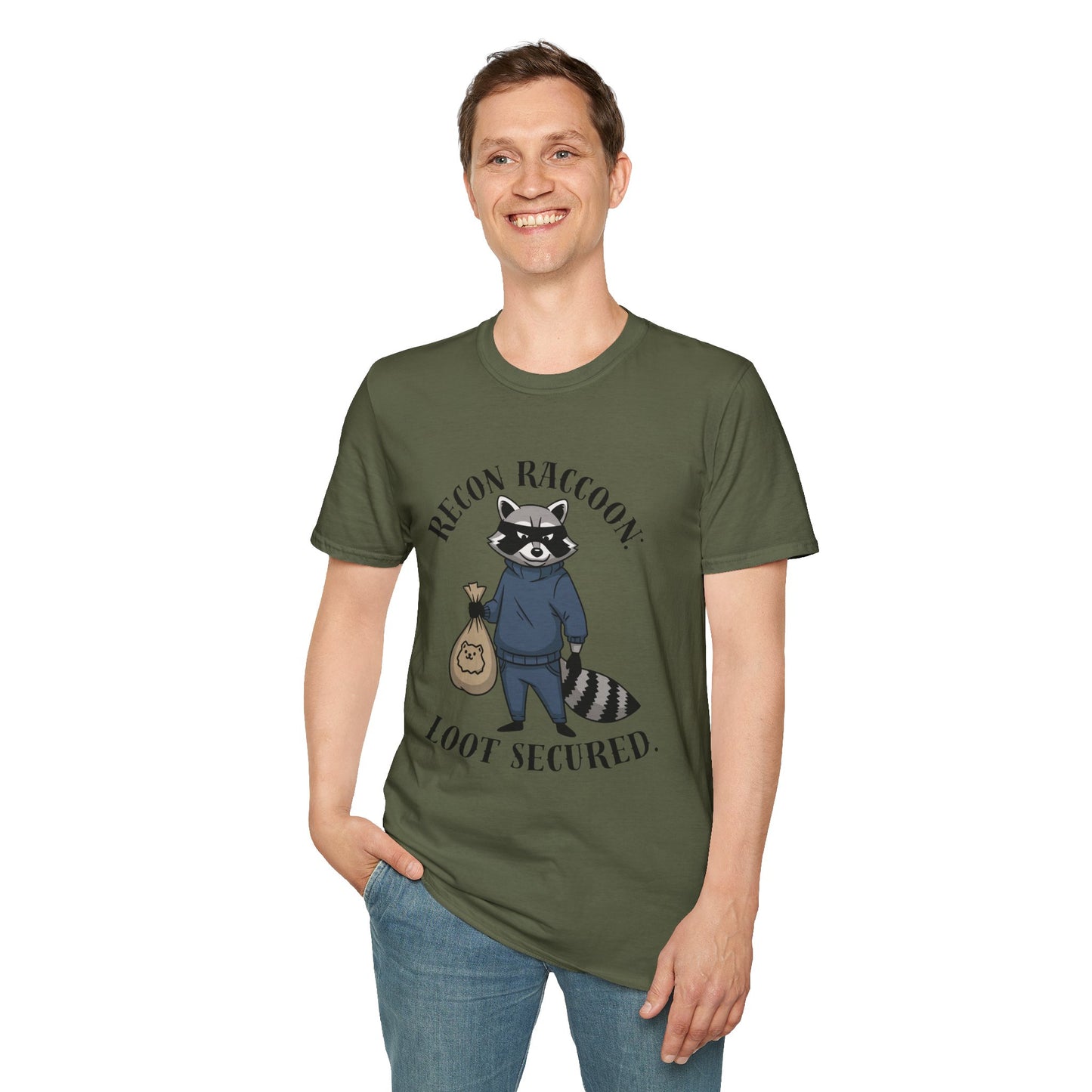 Recon Raccoon T-Shirt — "Loot Secured" Cute Thief Raccoon Graphic Tee