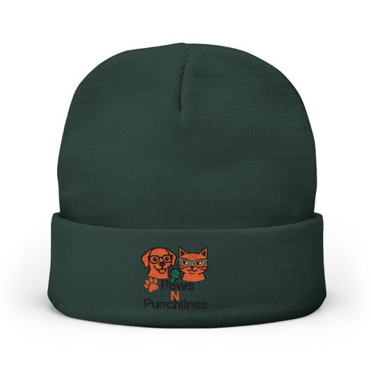 Paws & Punchlines Embroidered Knit Beanie — Cute Dog & Cat Winter Hat