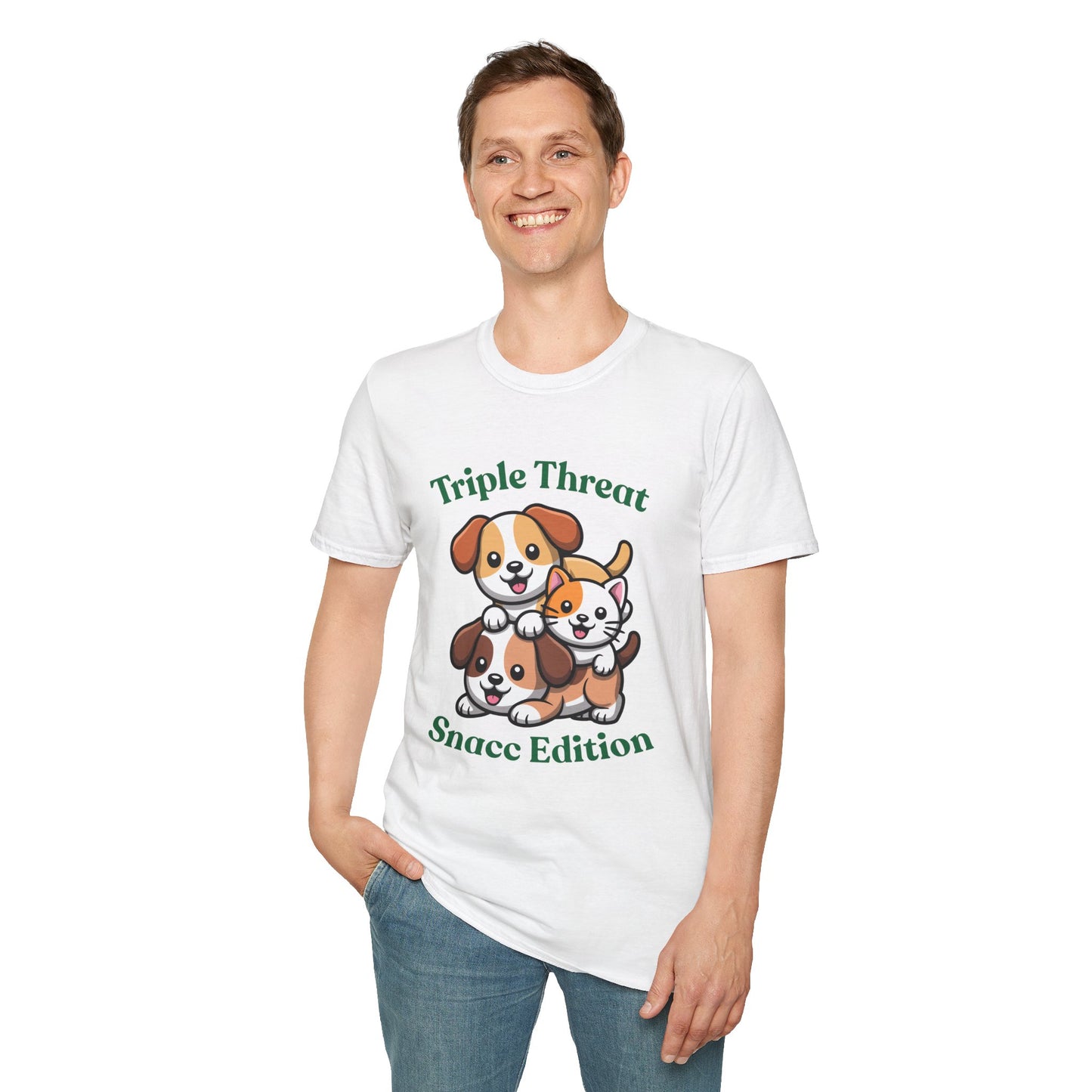 Triple Threat Snacc Edition T-Shirt – Cute Puppy & Kitten Stack Graphic Shirt