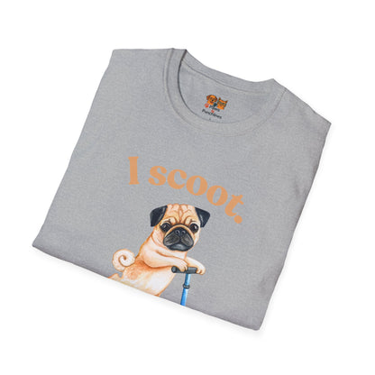 Pug on Scooter T-Shirt – "I scoot. You salute." Cute Pug Graphic Tee