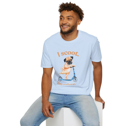 Pug on Scooter T-Shirt – "I scoot. You salute." Cute Pug Graphic Tee