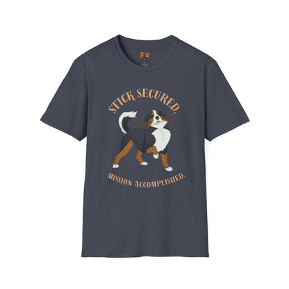 Stick Secured Dog T-Shirt — "Mission Accomplished" Graphic Tee