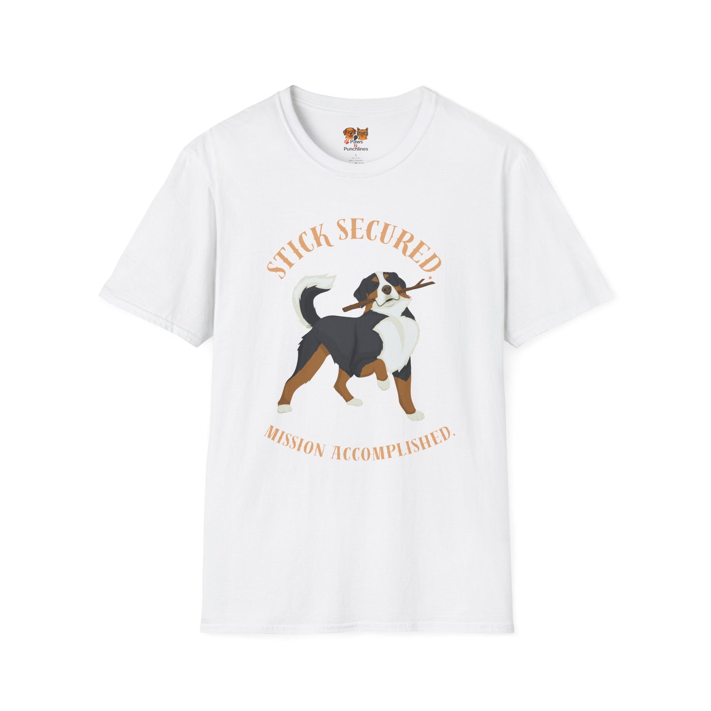 Stick Secured Dog T-Shirt — "Mission Accomplished" Graphic Tee