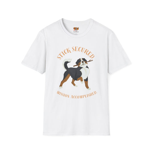 Stick Secured Dog T-Shirt — "Mission Accomplished" Graphic Tee