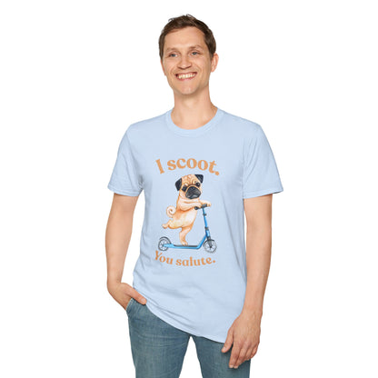 Pug on Scooter T-Shirt – "I scoot. You salute." Cute Pug Graphic Tee