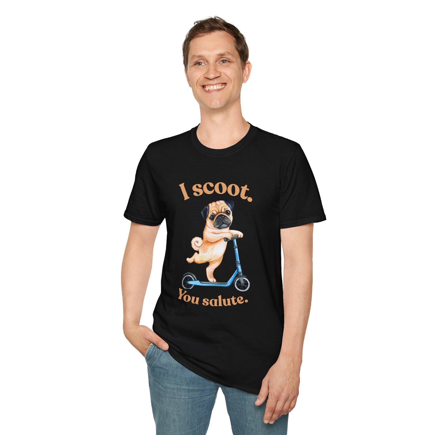 Pug on Scooter T-Shirt – "I scoot. You salute." Cute Pug Graphic Tee