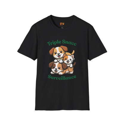Triple Snacc Surveillance T-Shirt — Cute Stacked Puppies Graphic Tee
