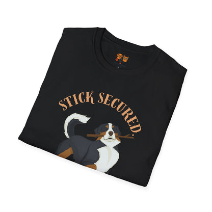 Stick Secured Dog T-Shirt — "Mission Accomplished" Graphic Tee