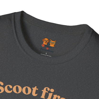 Scoot First Pug T-Shirt — "Scoot first. Questions later." Cute Scooter Dog Tee