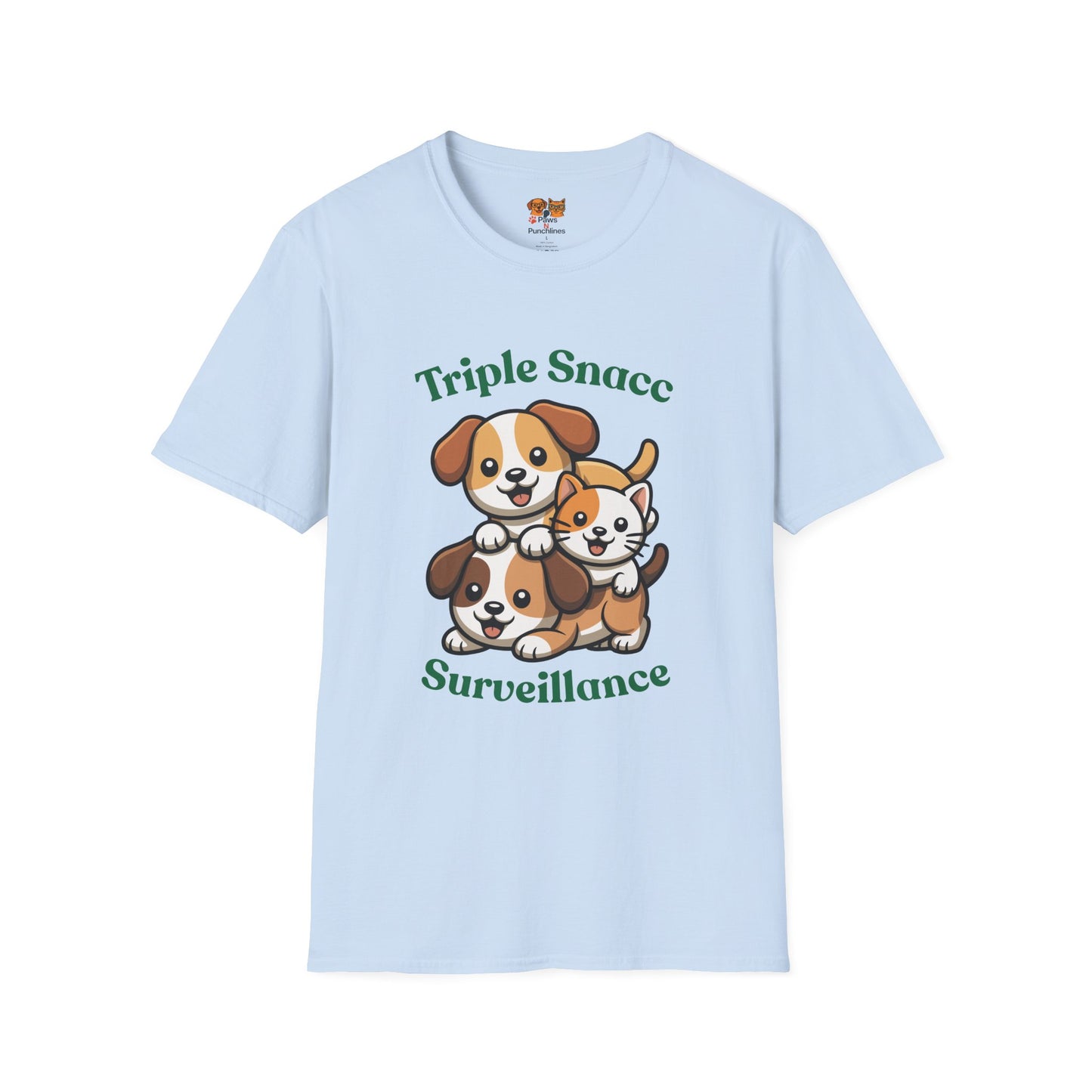 Triple Snacc Surveillance T-Shirt — Cute Stacked Puppies Graphic Tee