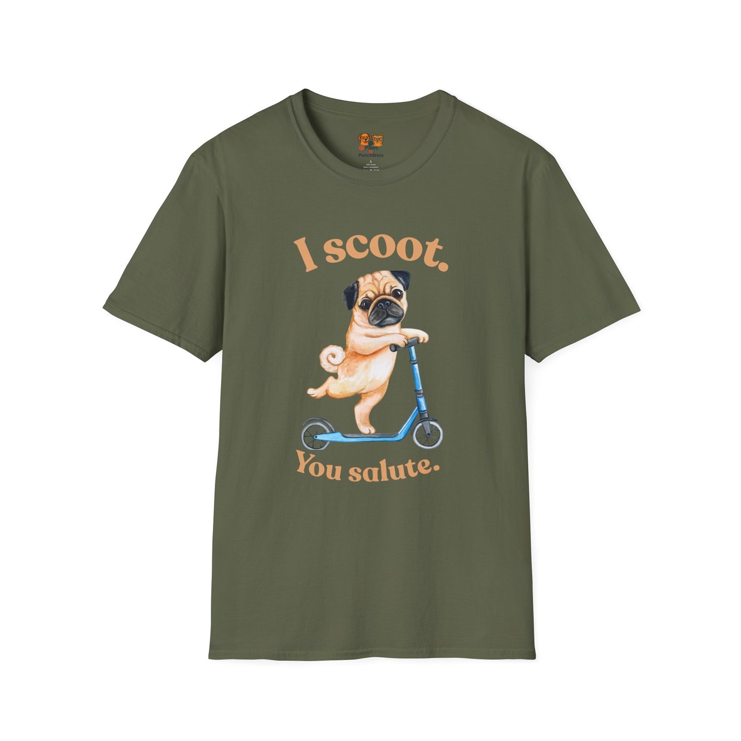 Pug on Scooter T-Shirt – "I scoot. You salute." Cute Pug Graphic Tee