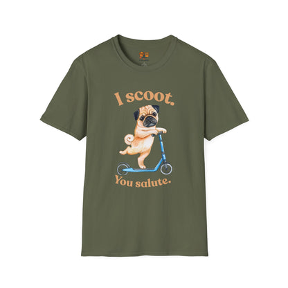 Pug on Scooter T-Shirt – "I scoot. You salute." Cute Pug Graphic Tee