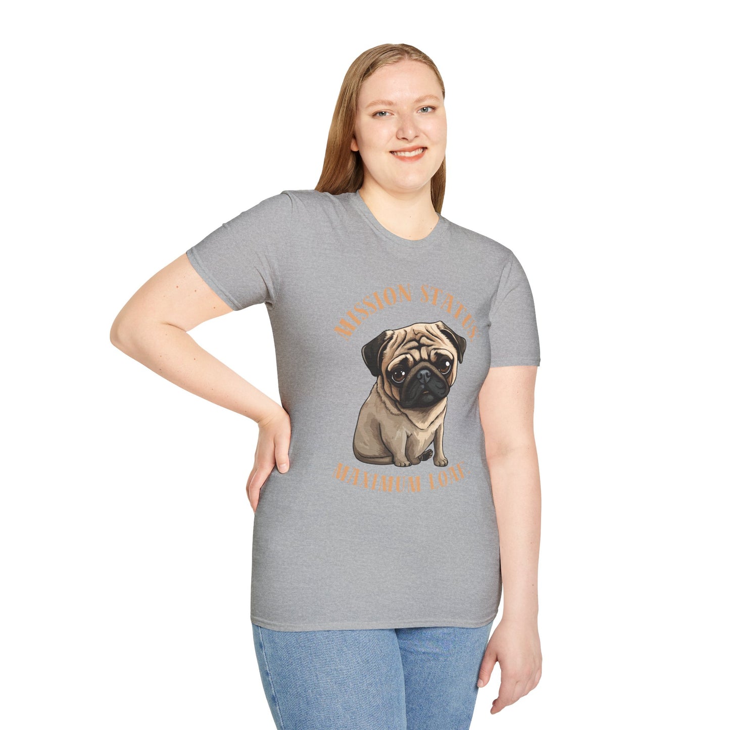 Pug Dog T‑Shirt — “Mission Status: Maximum Love” Cute Pug Graphic Tee