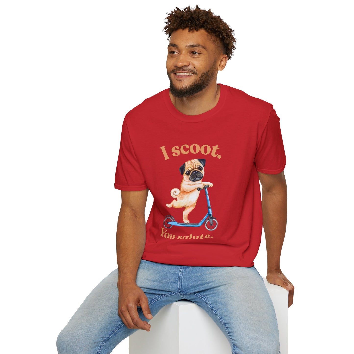 Pug on Scooter T-Shirt – "I scoot. You salute." Cute Pug Graphic Tee