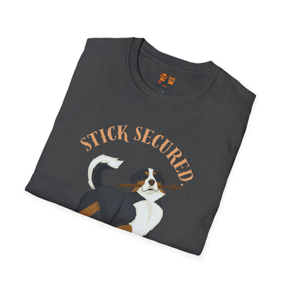 Stick Secured Dog T-Shirt — "Mission Accomplished" Graphic Tee