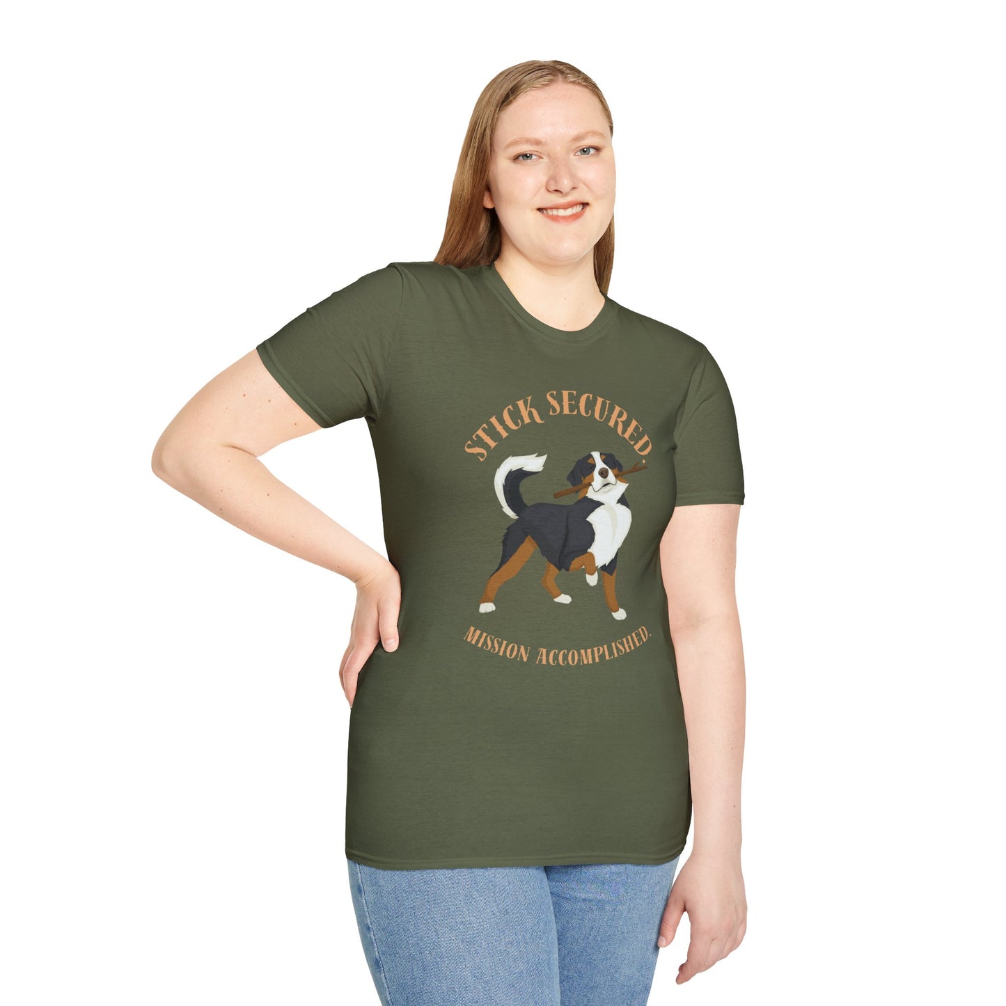Stick Secured Dog T-Shirt — "Mission Accomplished" Graphic Tee