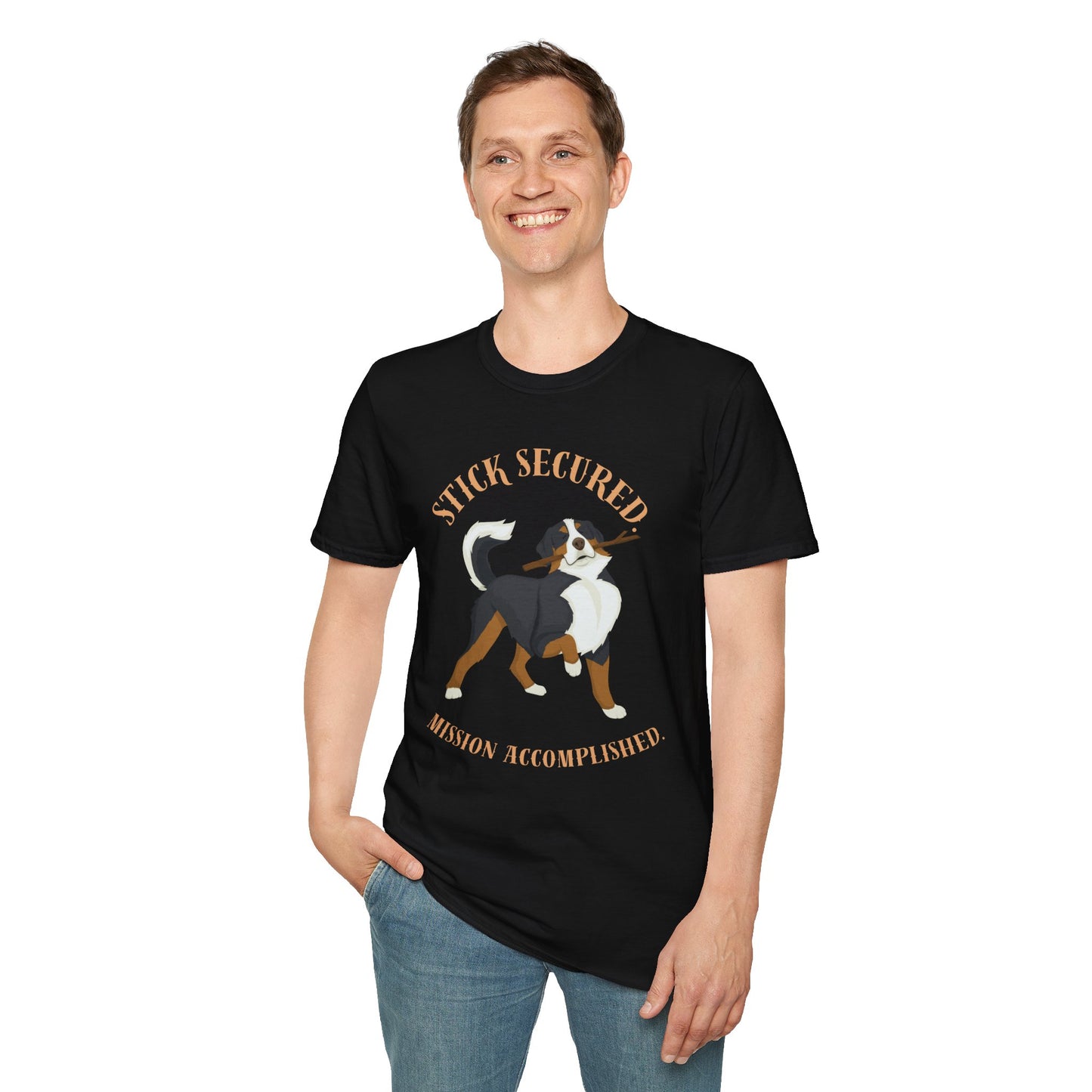 Stick Secured Dog T-Shirt — "Mission Accomplished" Graphic Tee