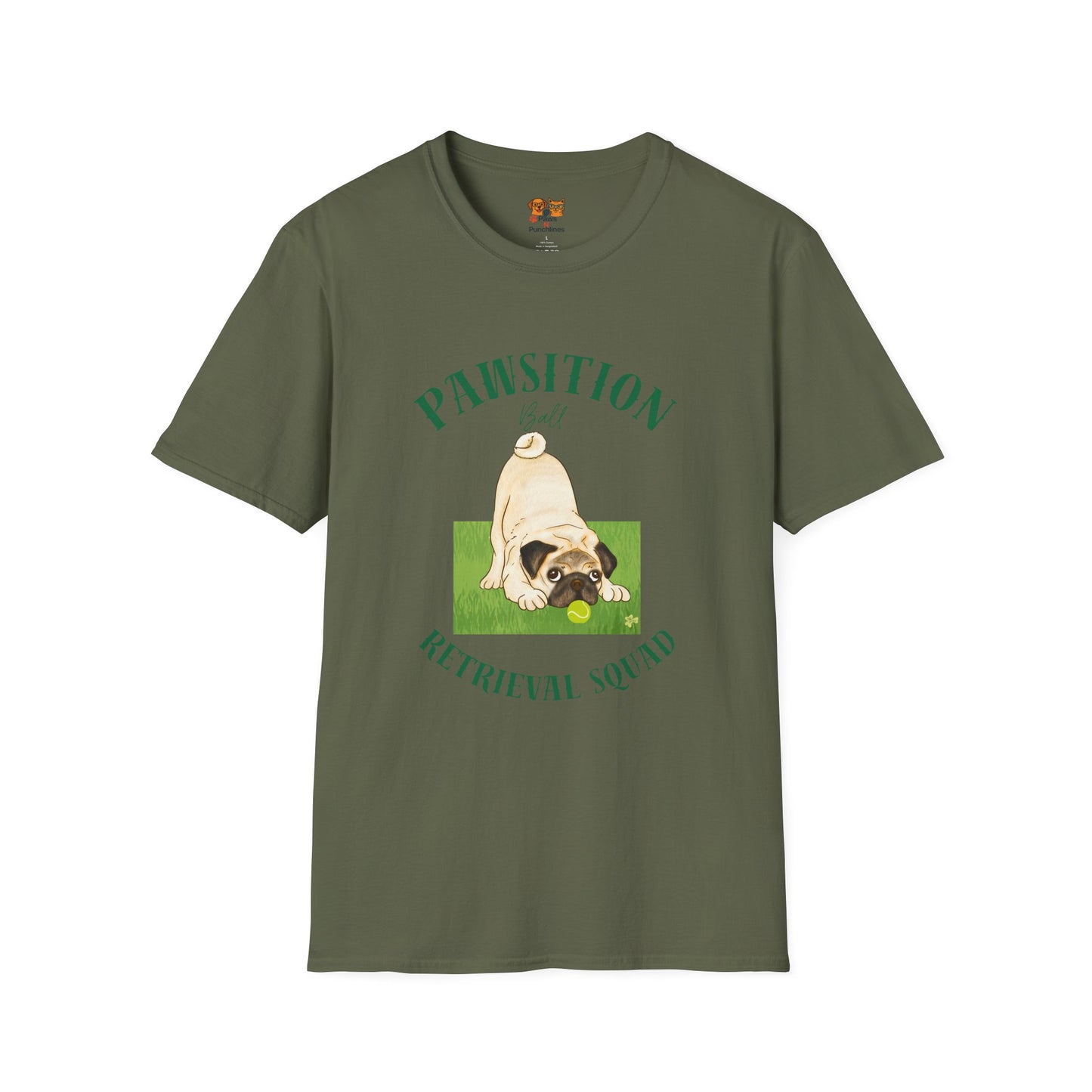 Pawsition Retrieval Squad T-Shirt — Cute Pug Dog Graphic Tee