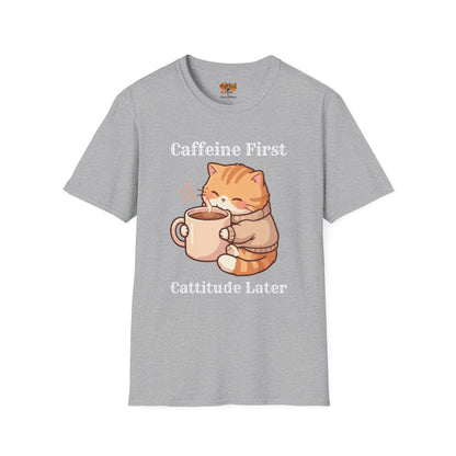 Caffeine First Cattitude Later, Cat Coffee T-Shirt