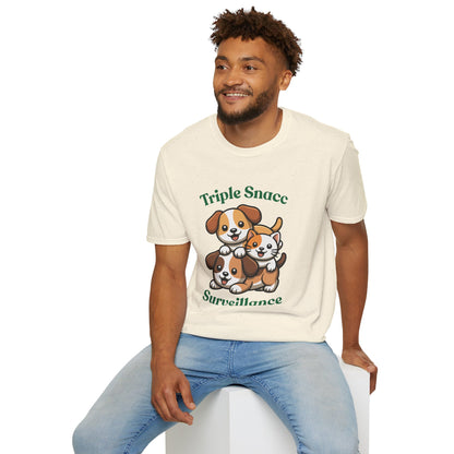Triple Snacc Surveillance T-Shirt — Cute Stacked Puppies Graphic Tee