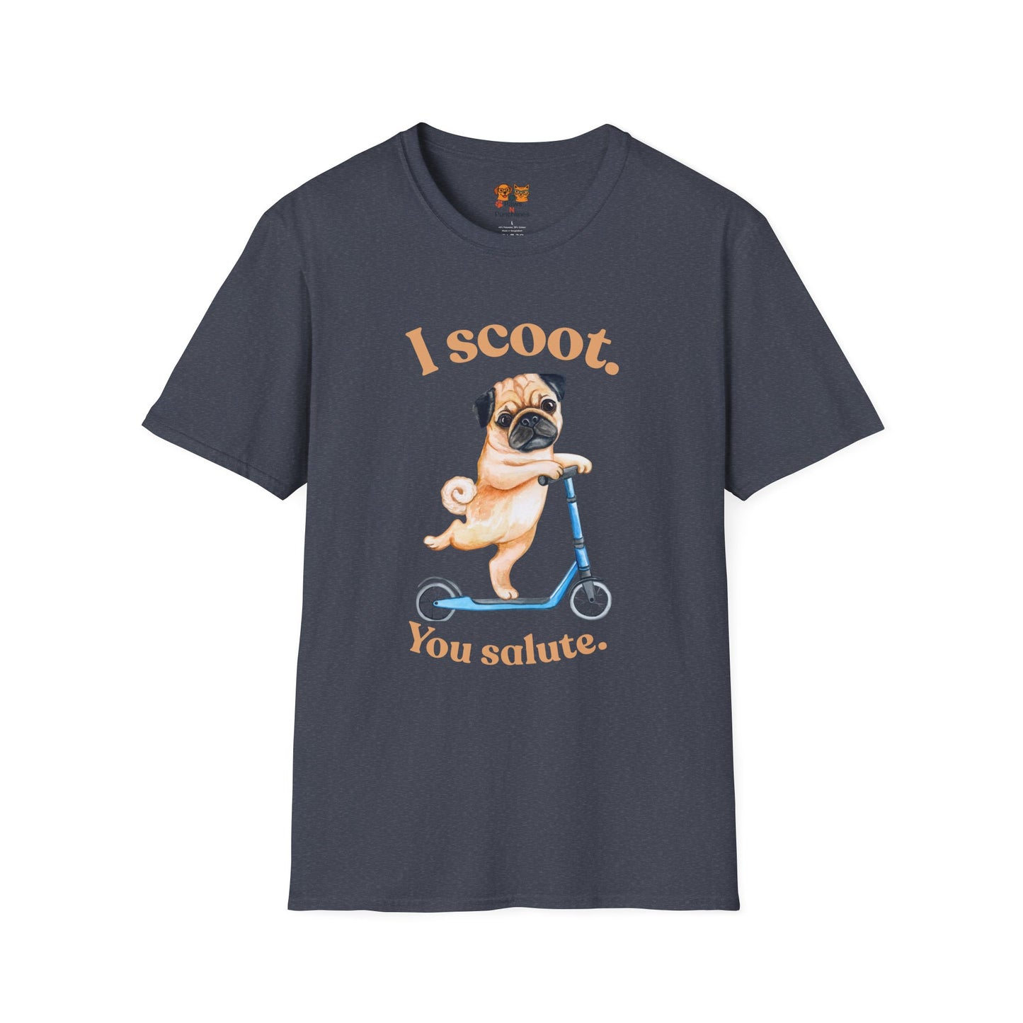 Pug on Scooter T-Shirt – "I scoot. You salute." Cute Pug Graphic Tee