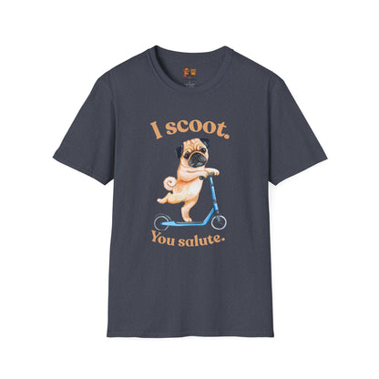 Pug on Scooter T-Shirt – "I scoot. You salute." Cute Pug Graphic Tee