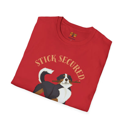 Stick Secured Dog T-Shirt — "Mission Accomplished" Graphic Tee
