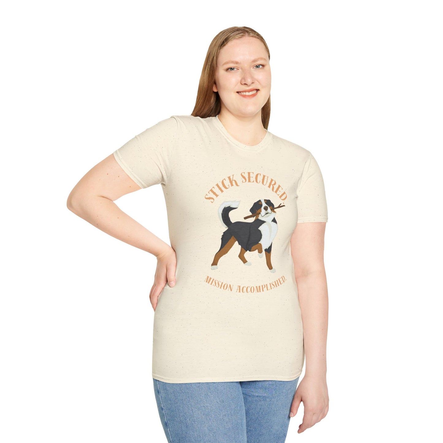 Stick Secured Dog T-Shirt — "Mission Accomplished" Graphic Tee