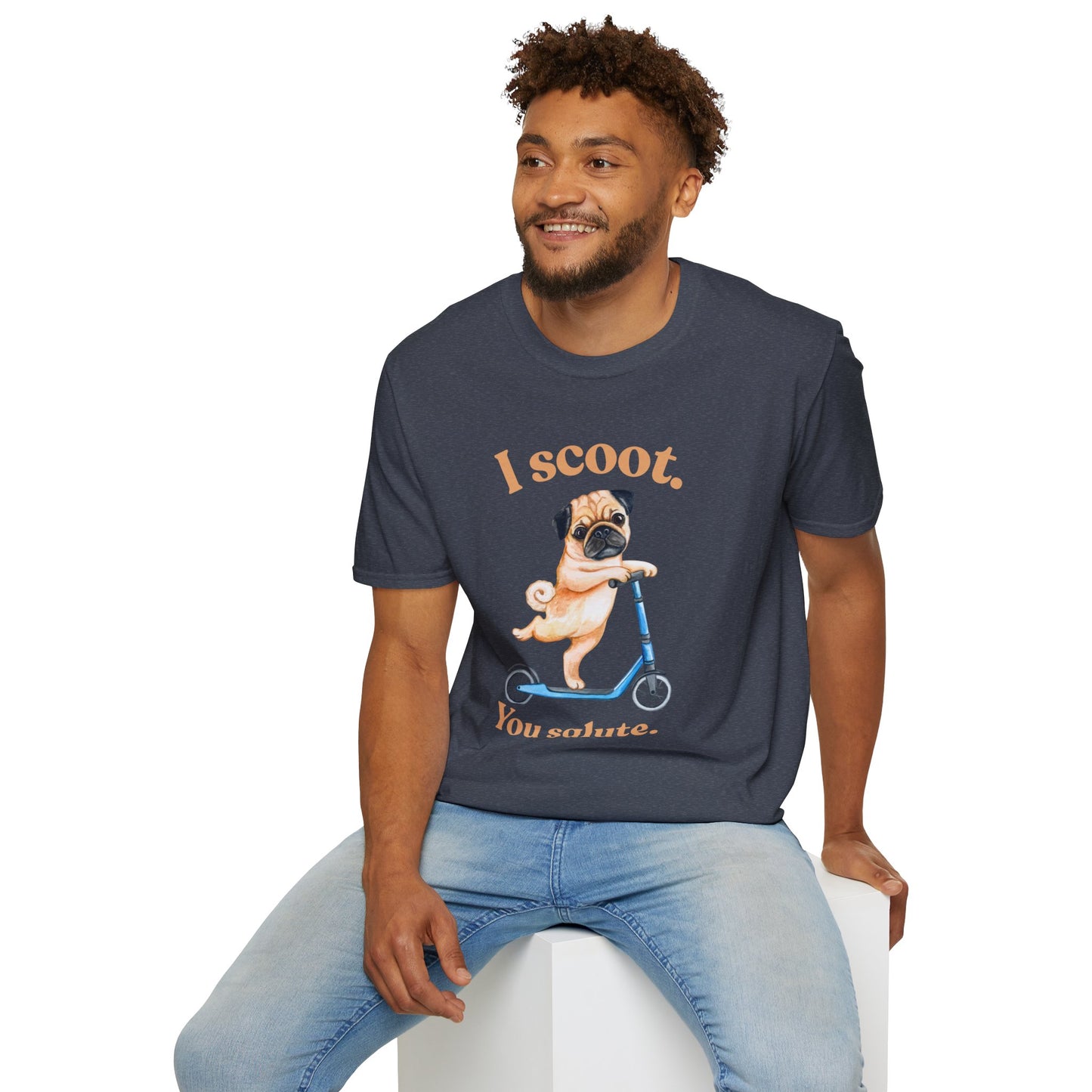 Pug on Scooter T-Shirt – "I scoot. You salute." Cute Pug Graphic Tee