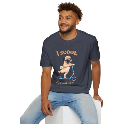Pug on Scooter T-Shirt – "I scoot. You salute." Cute Pug Graphic Tee