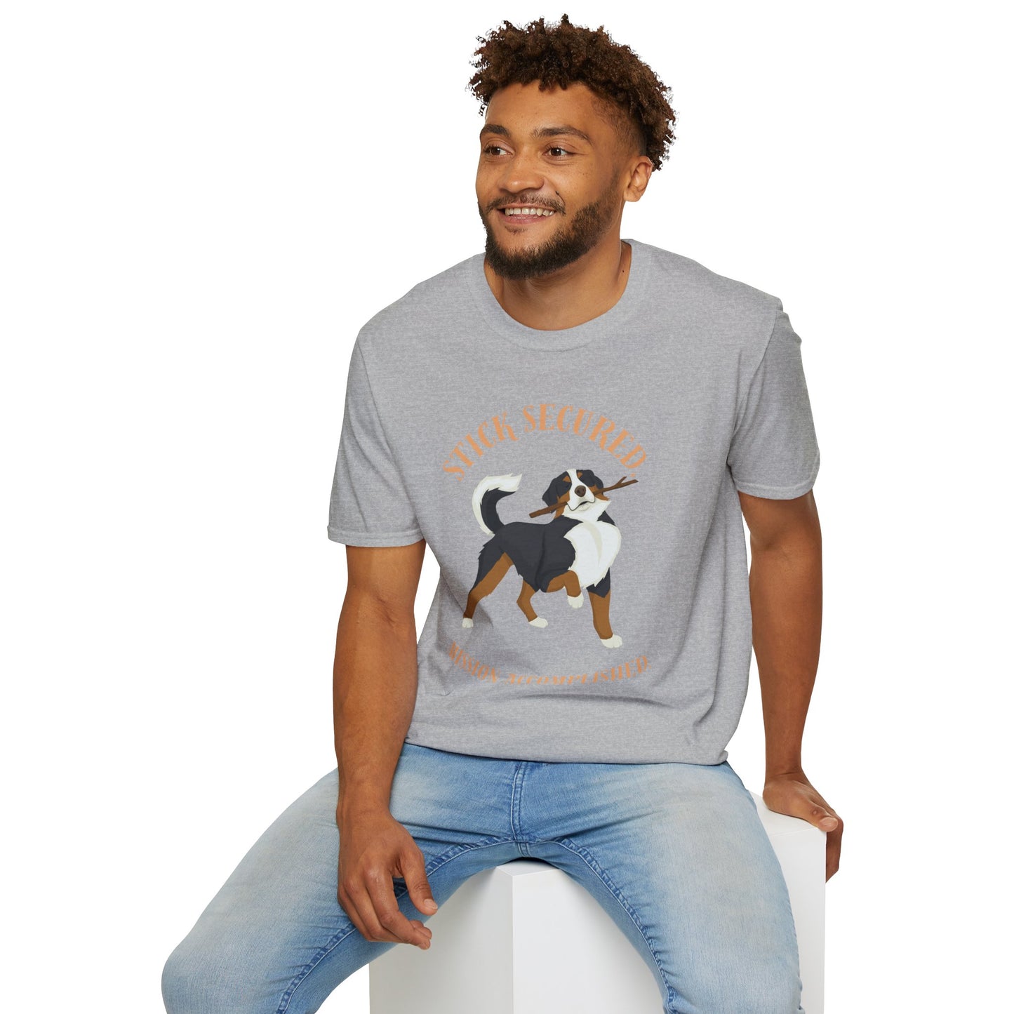 Stick Secured Dog T-Shirt — "Mission Accomplished" Graphic Tee