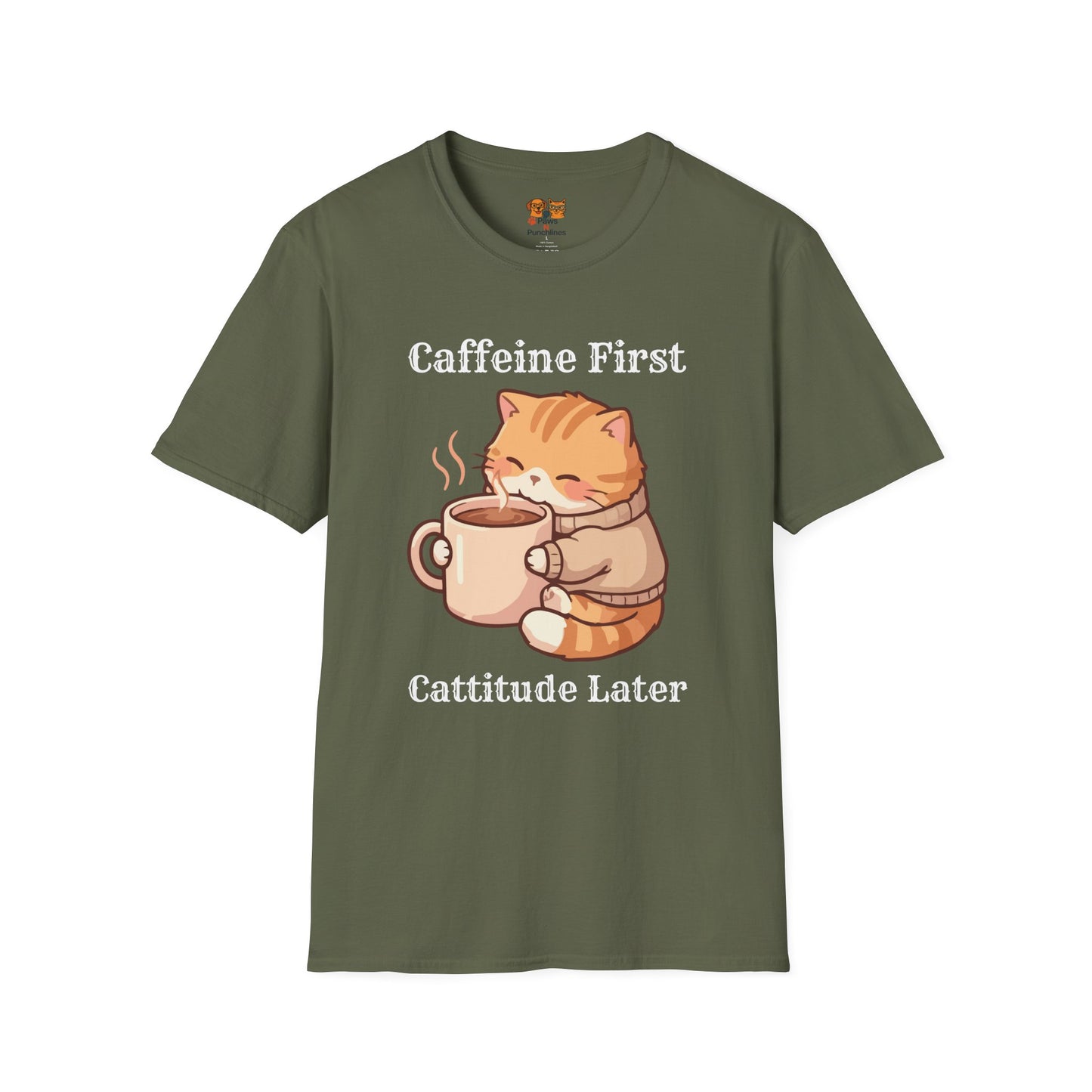 Caffeine First Cattitude Later, Cat Coffee T-Shirt