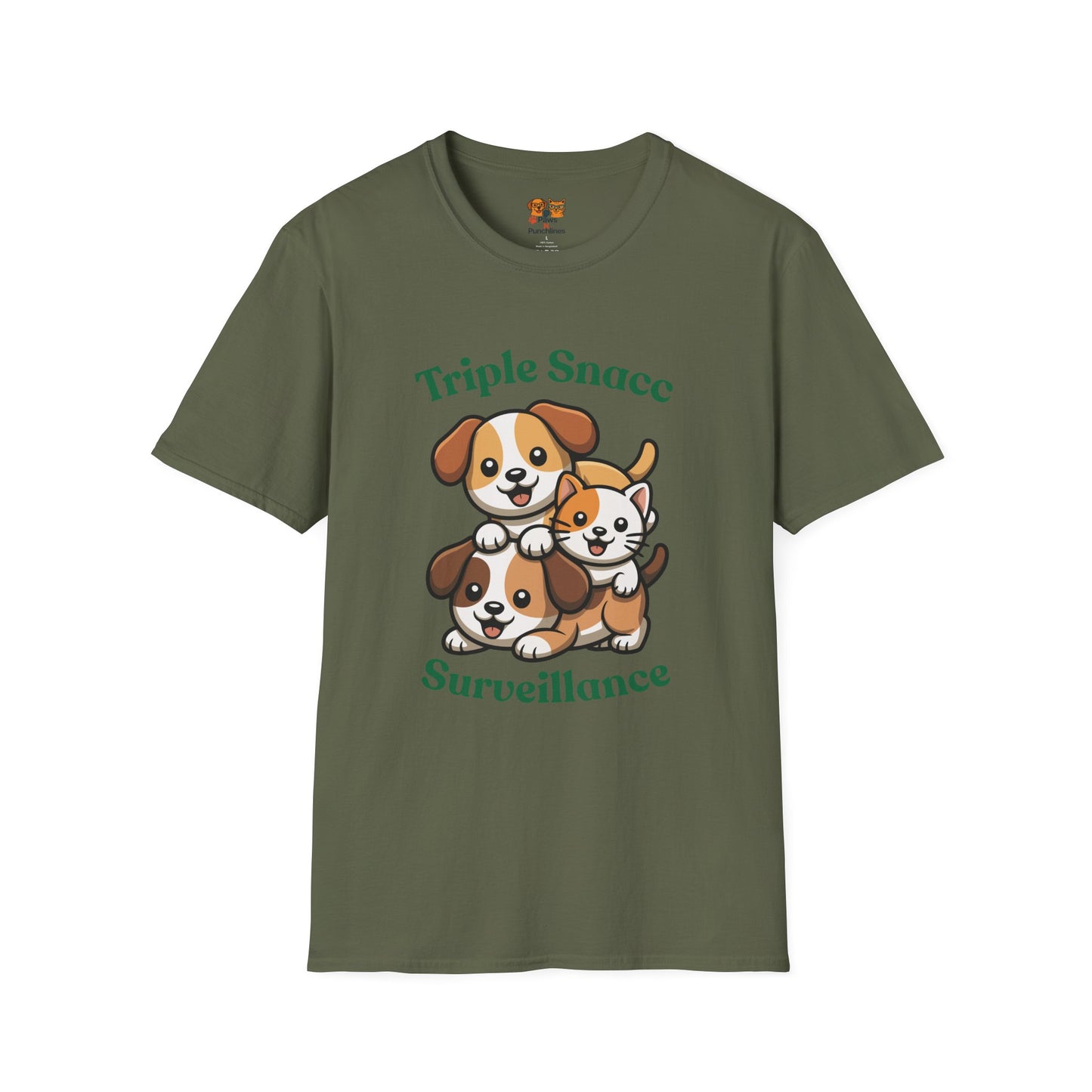Triple Snacc Surveillance T-Shirt — Cute Stacked Puppies Graphic Tee