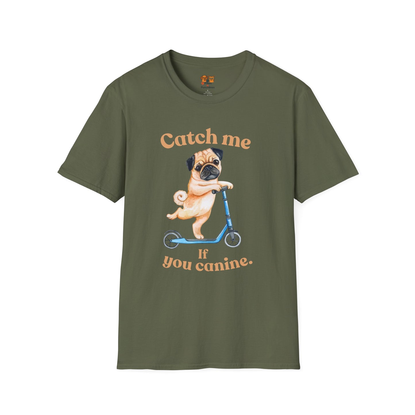 Pug on Scooter T-Shirt — "Catch Me If You Canine" Cute Dog Graphic Tee