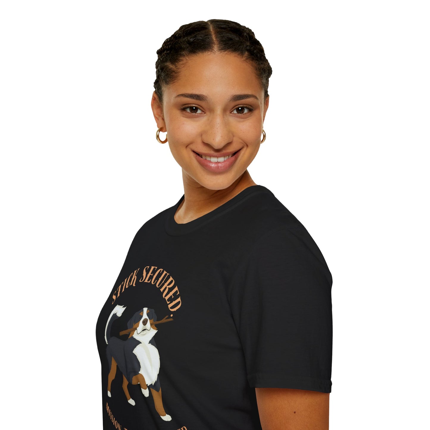 Stick Secured Dog T-Shirt — "Mission Accomplished" Graphic Tee