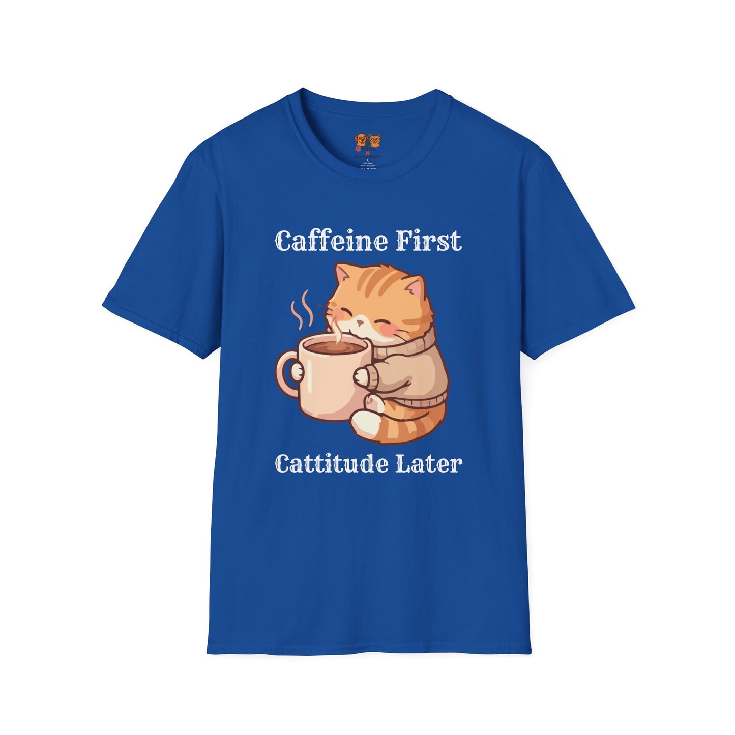 Caffeine First Cattitude Later, Cat Coffee T-Shirt