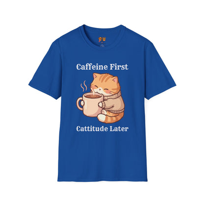 Caffeine First Cattitude Later, Cat Coffee T-Shirt