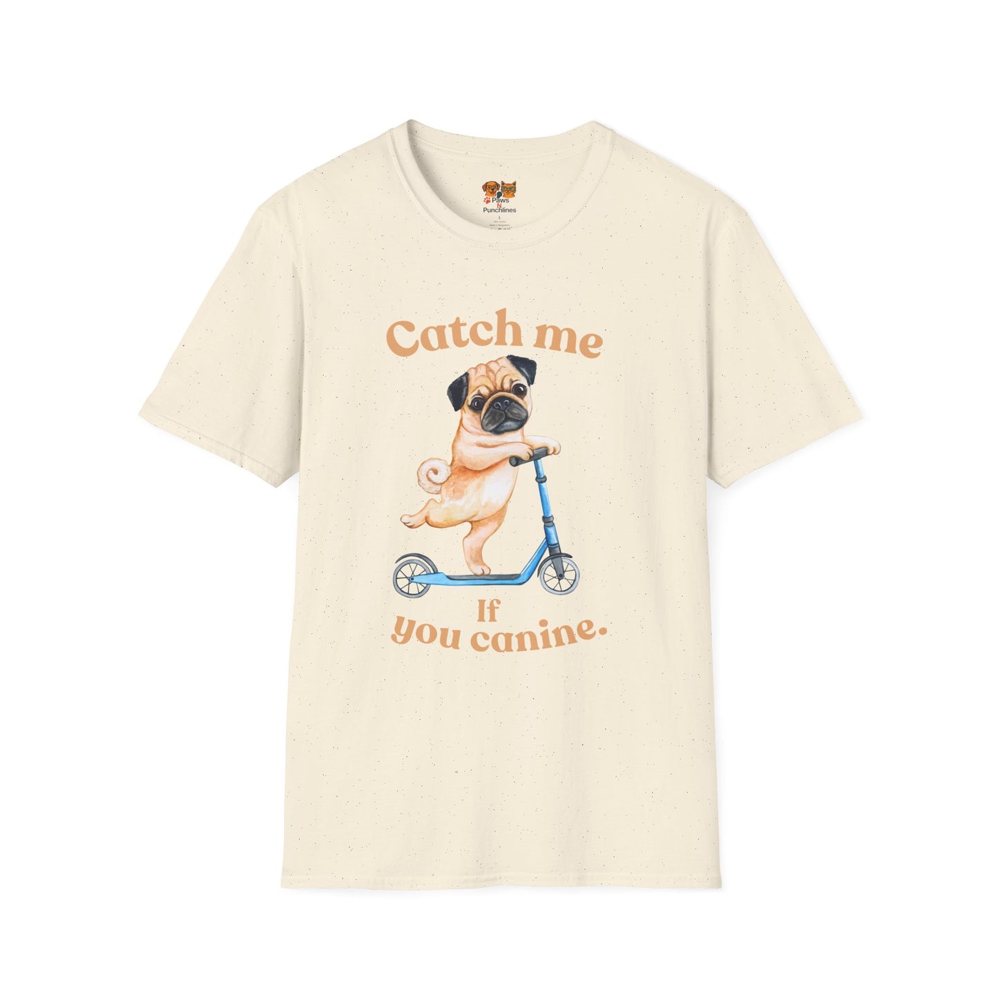 Pug on Scooter T-Shirt — "Catch Me If You Canine" Cute Dog Graphic Tee