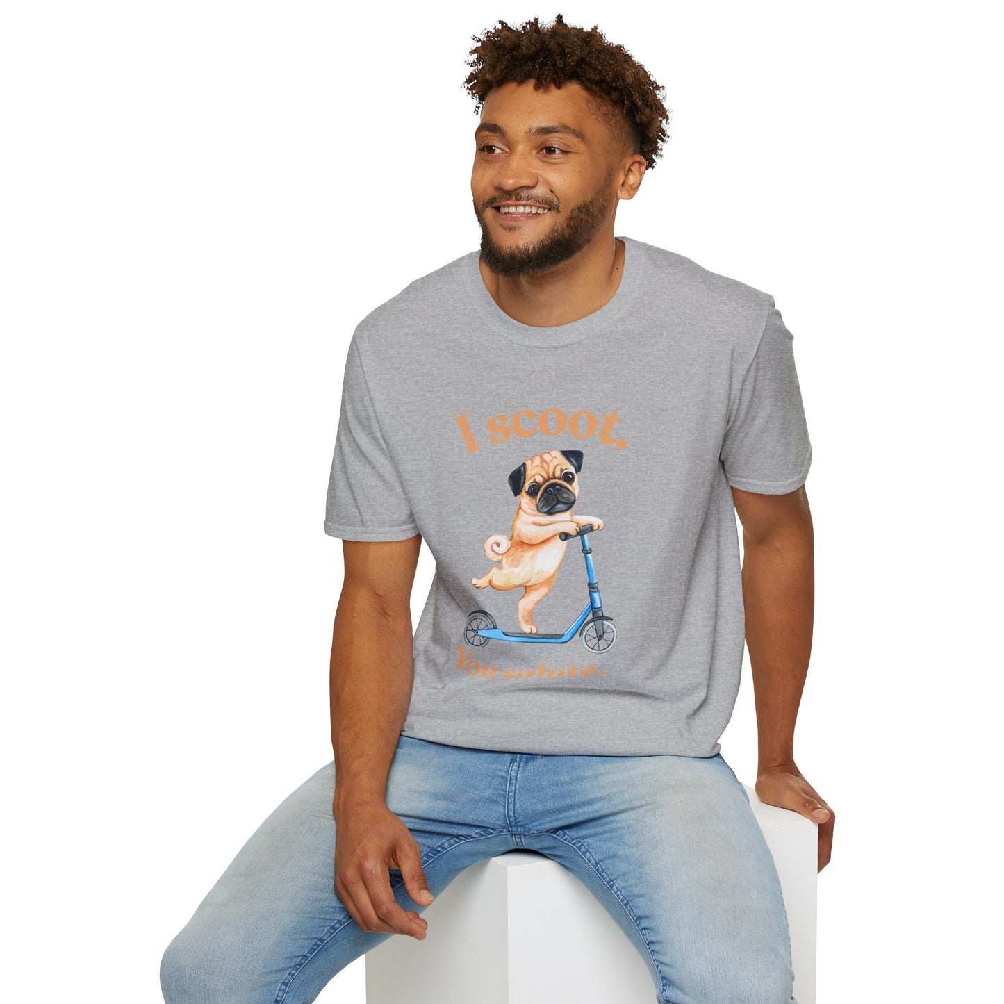 Pug on Scooter T-Shirt – "I scoot. You salute." Cute Pug Graphic Tee