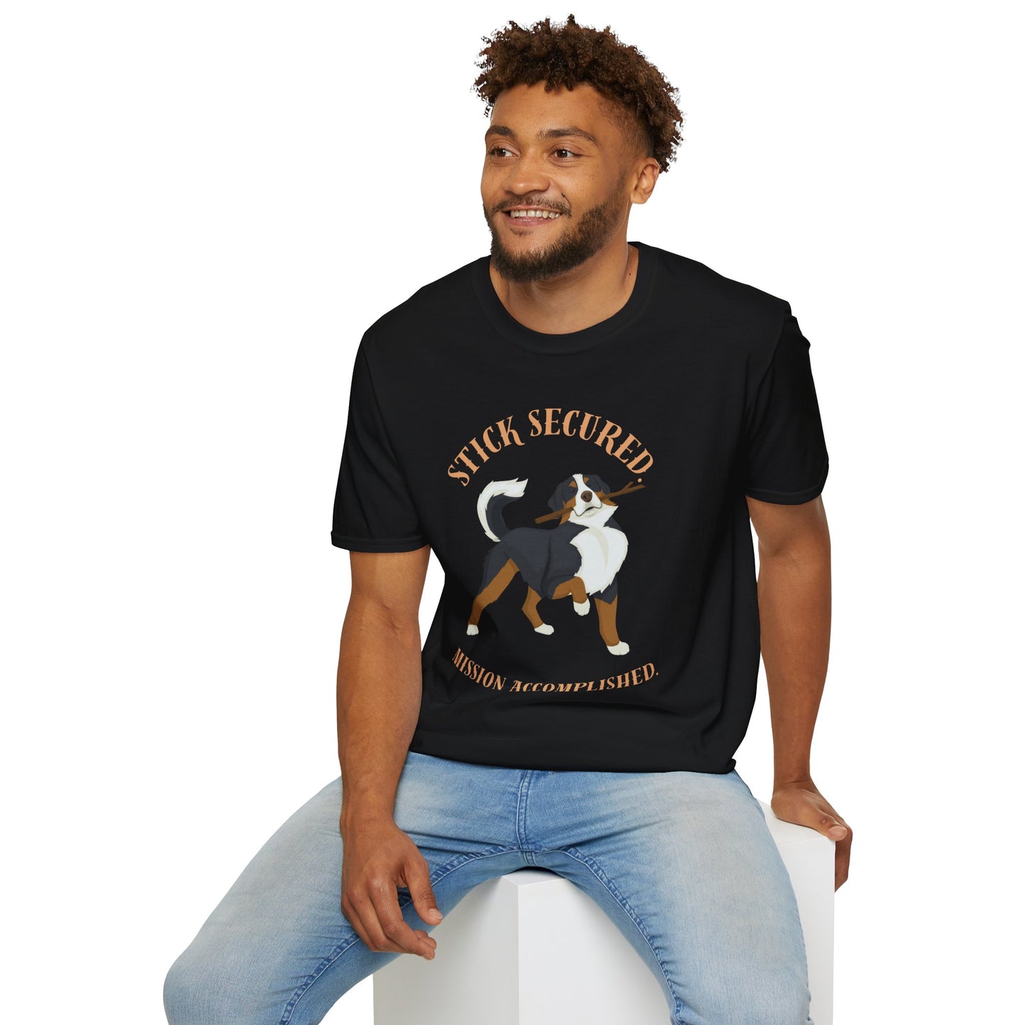 Stick Secured Dog T-Shirt — "Mission Accomplished" Graphic Tee