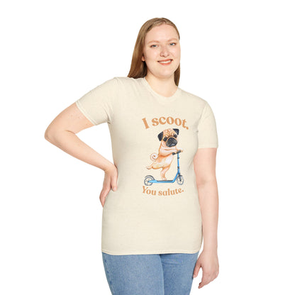 Pug on Scooter T-Shirt – "I scoot. You salute." Cute Pug Graphic Tee
