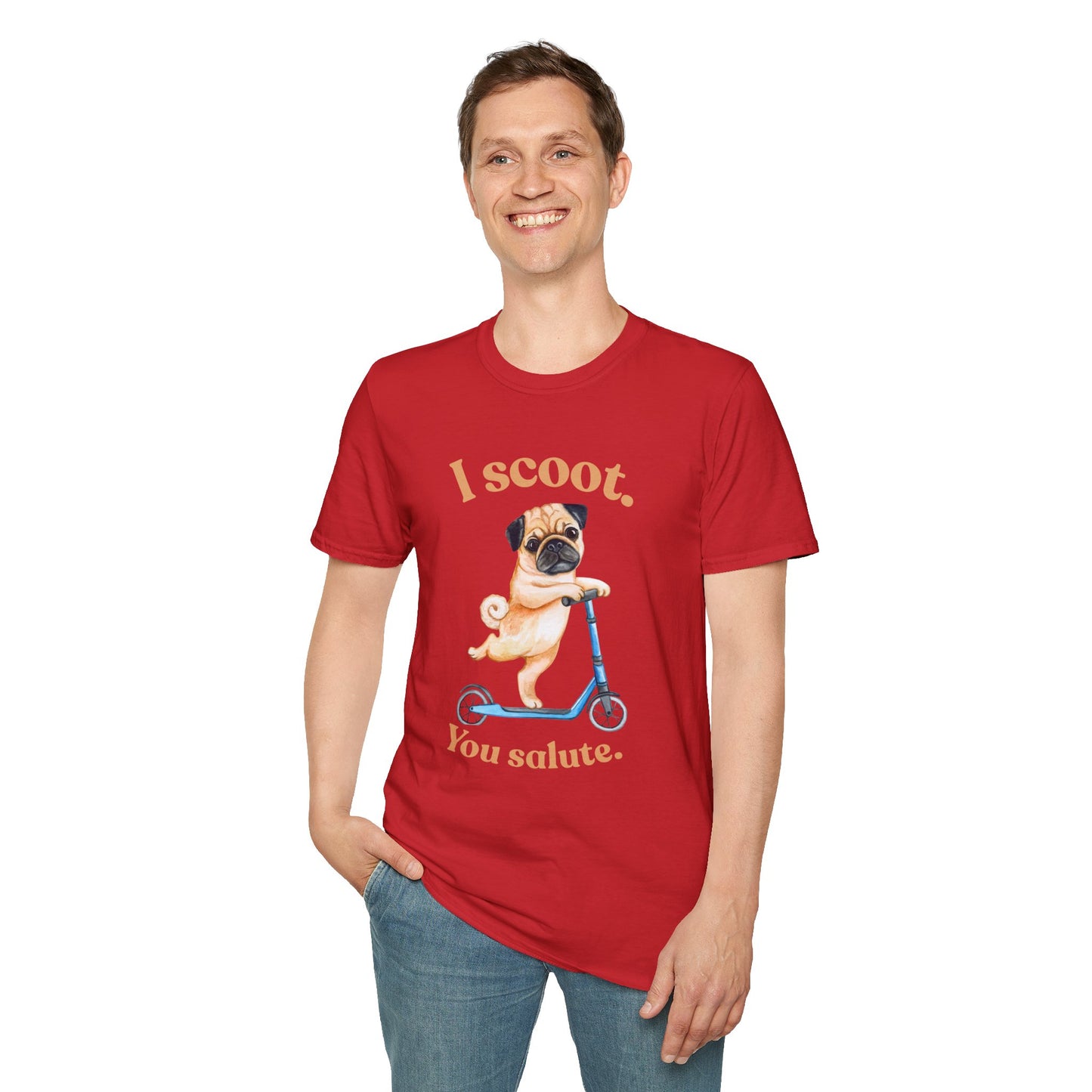 Pug on Scooter T-Shirt – "I scoot. You salute." Cute Pug Graphic Tee