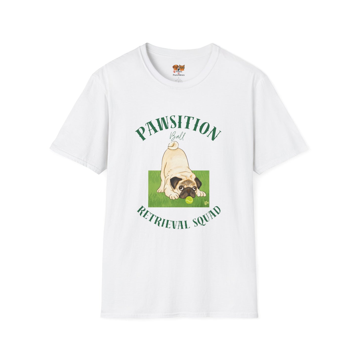 Pawsition Retrieval Squad T-Shirt — Cute Pug Dog Graphic Tee