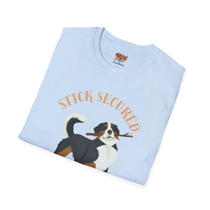 Stick Secured Dog T-Shirt — "Mission Accomplished" Graphic Tee