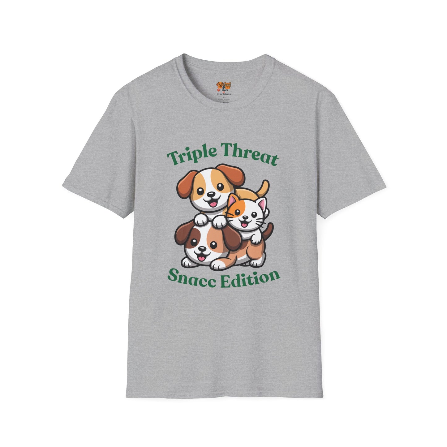 Triple Threat Snacc Edition T-Shirt – Cute Puppy & Kitten Stack Graphic Shirt