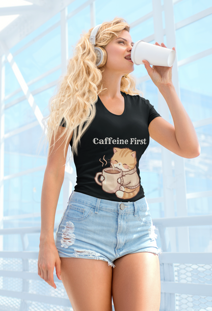 Caffeine First Cattitude Later, Cat Coffee T-Shirt