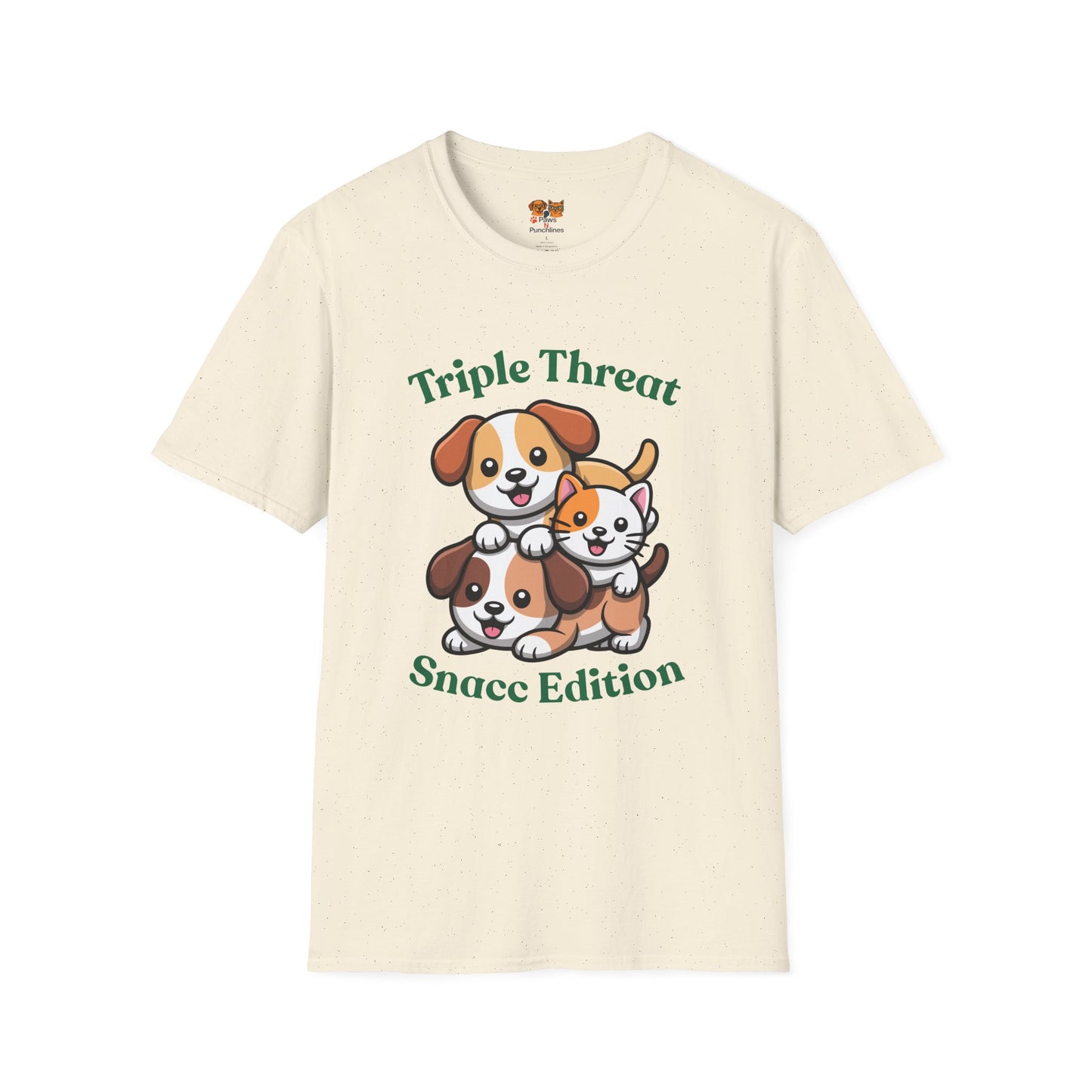 Triple Threat Snacc Edition T-Shirt – Cute Puppy & Kitten Stack Graphic Shirt